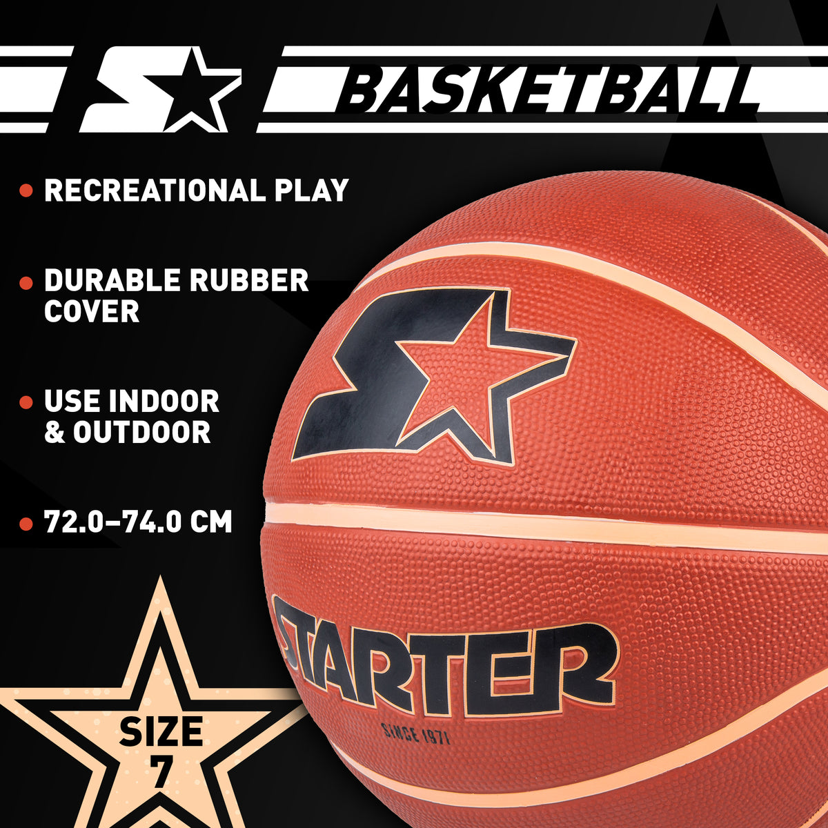 STARTER Rubber Basketball – Outdoor Grip with Pump, Size 7